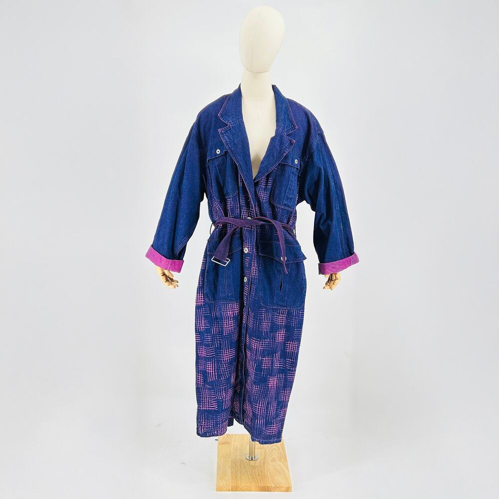 Vintage 80s Counterparts Cotton Purple Blue Abstract Belted Denim Duster Coat